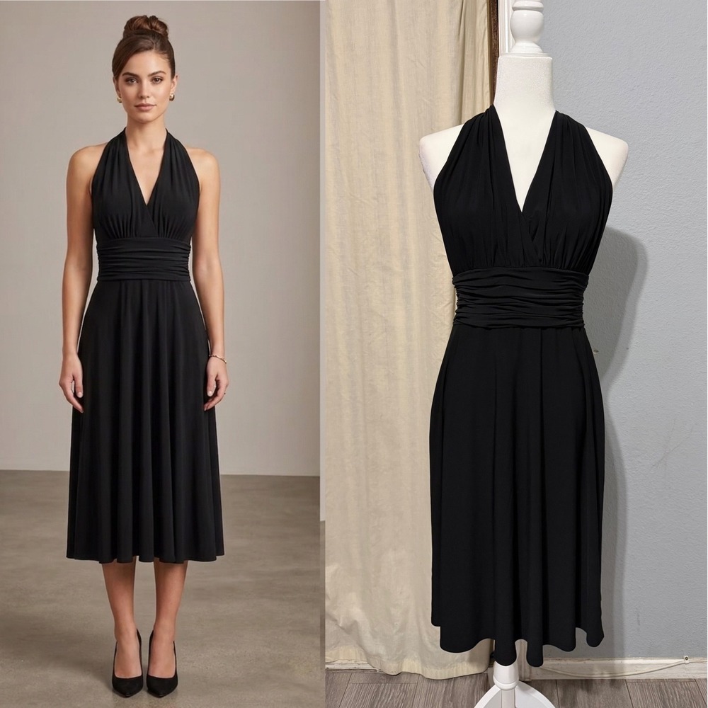 Jones Wear Babydoll Dress Size 8 Black Halter Midi Ruched Waist Marilyn Monroee